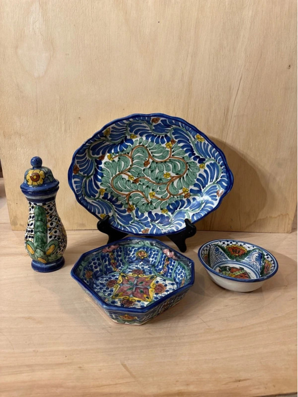 Vintage Hand Painted Mexican Majolica Talavera Serving Set - 4 Pieces